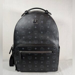 MCM Large Black Monogram Backpack - Silver Accents